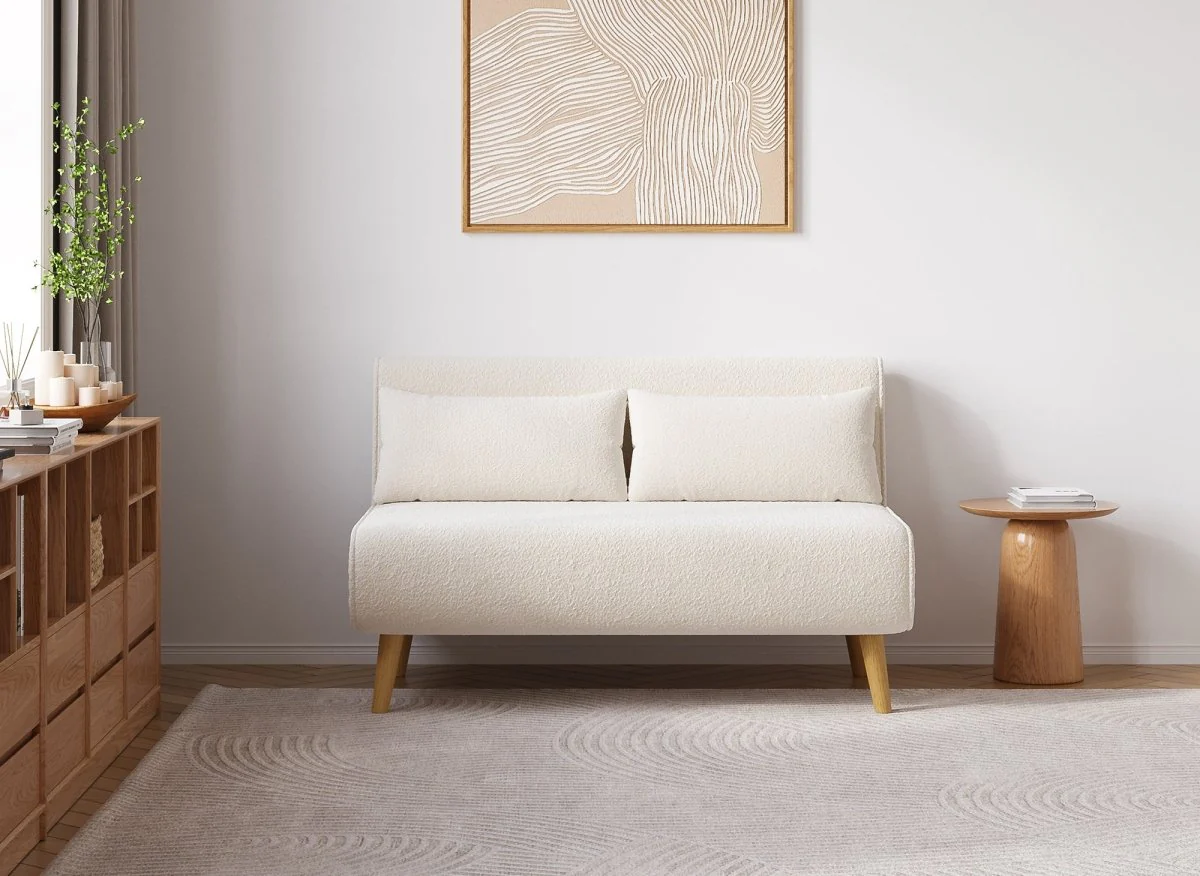 Canapé clic clac 2 places en tissu bouclette écru TONKA - Image 3