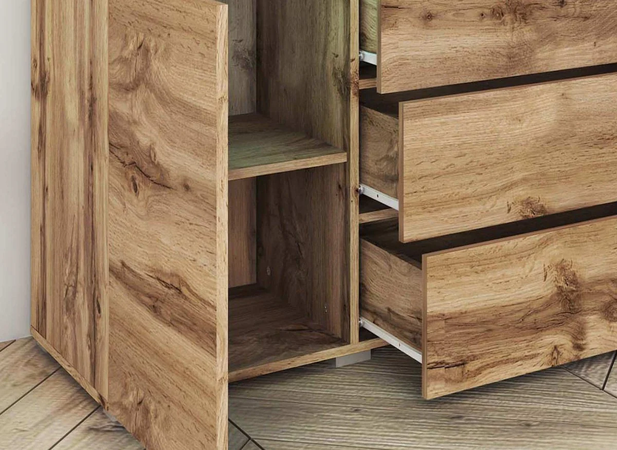 Buffet commode 2 portes 3 tiroirs chêne avec LED - ALEXIA - Image 4