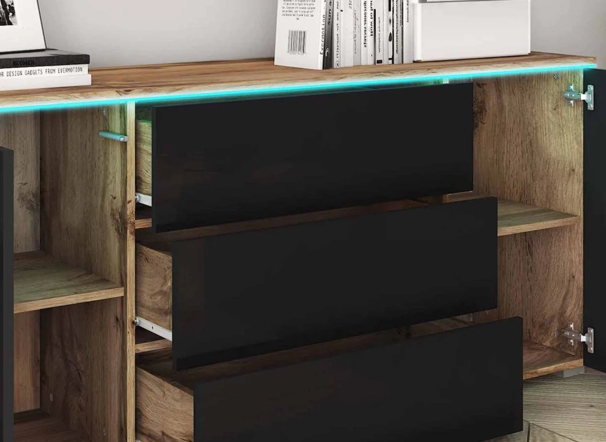 Buffet commode 2 portes 3 tiroirs chêne et noir avec LED - ALEXIA - Image 3