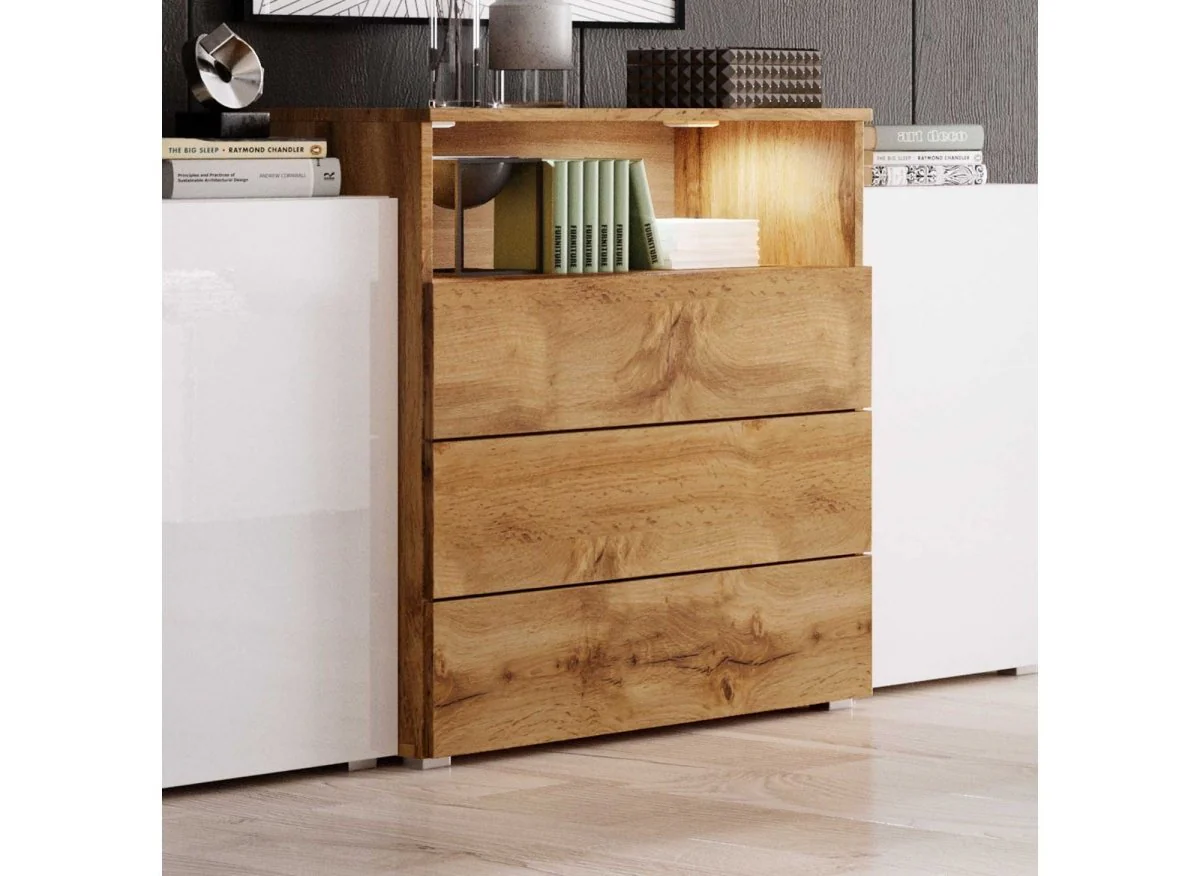 Buffet commodes 2 portes 3 tiroirs blanc et bois avec LED - MARCEL - Image 3
