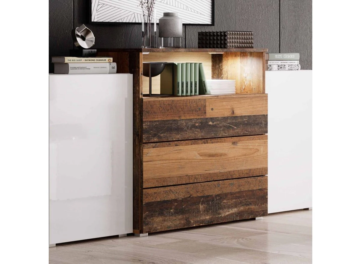 Buffet commodes 2 portes 3 tiroirs blanc et chêne vieilli avec LED - MARCEL - Image 3