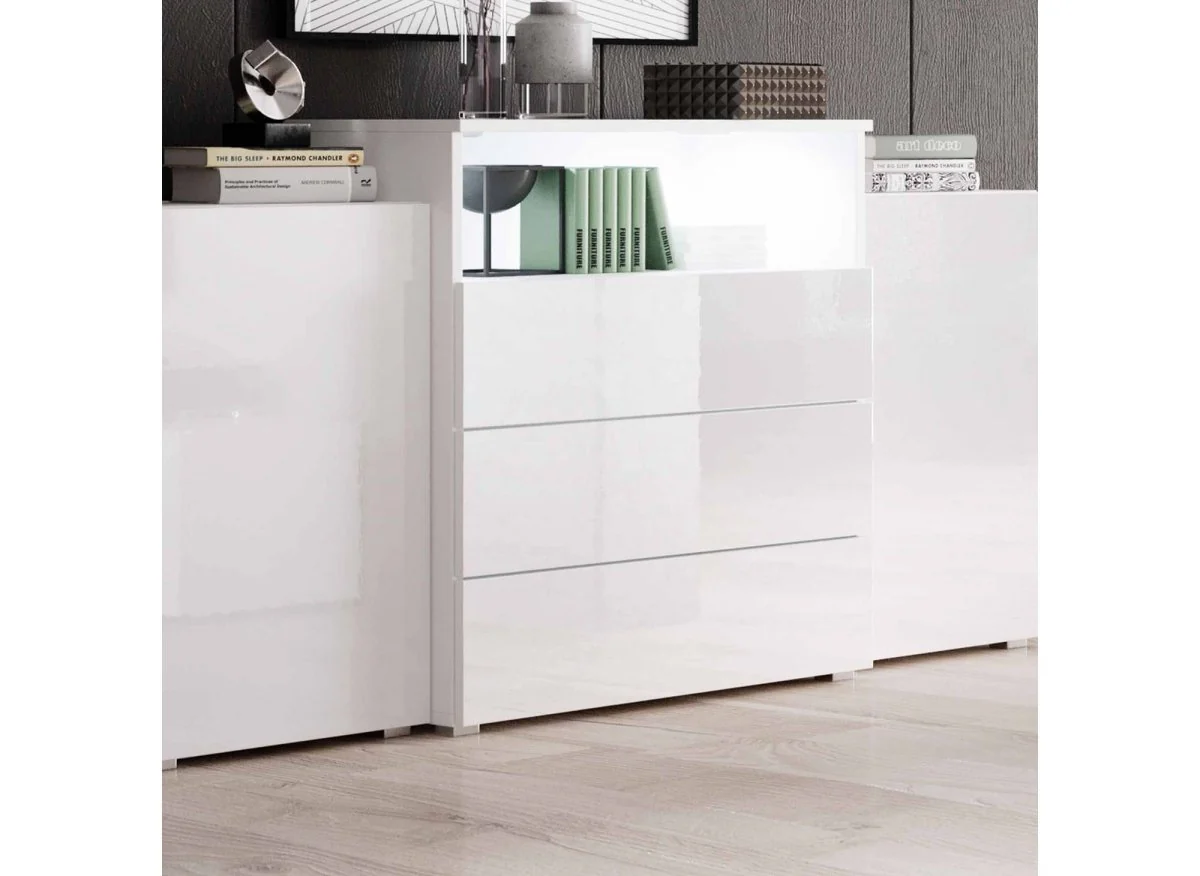 Buffet commodes 2 portes 3 tiroirs blanc laqué avec LED - MARCEL - Image 3