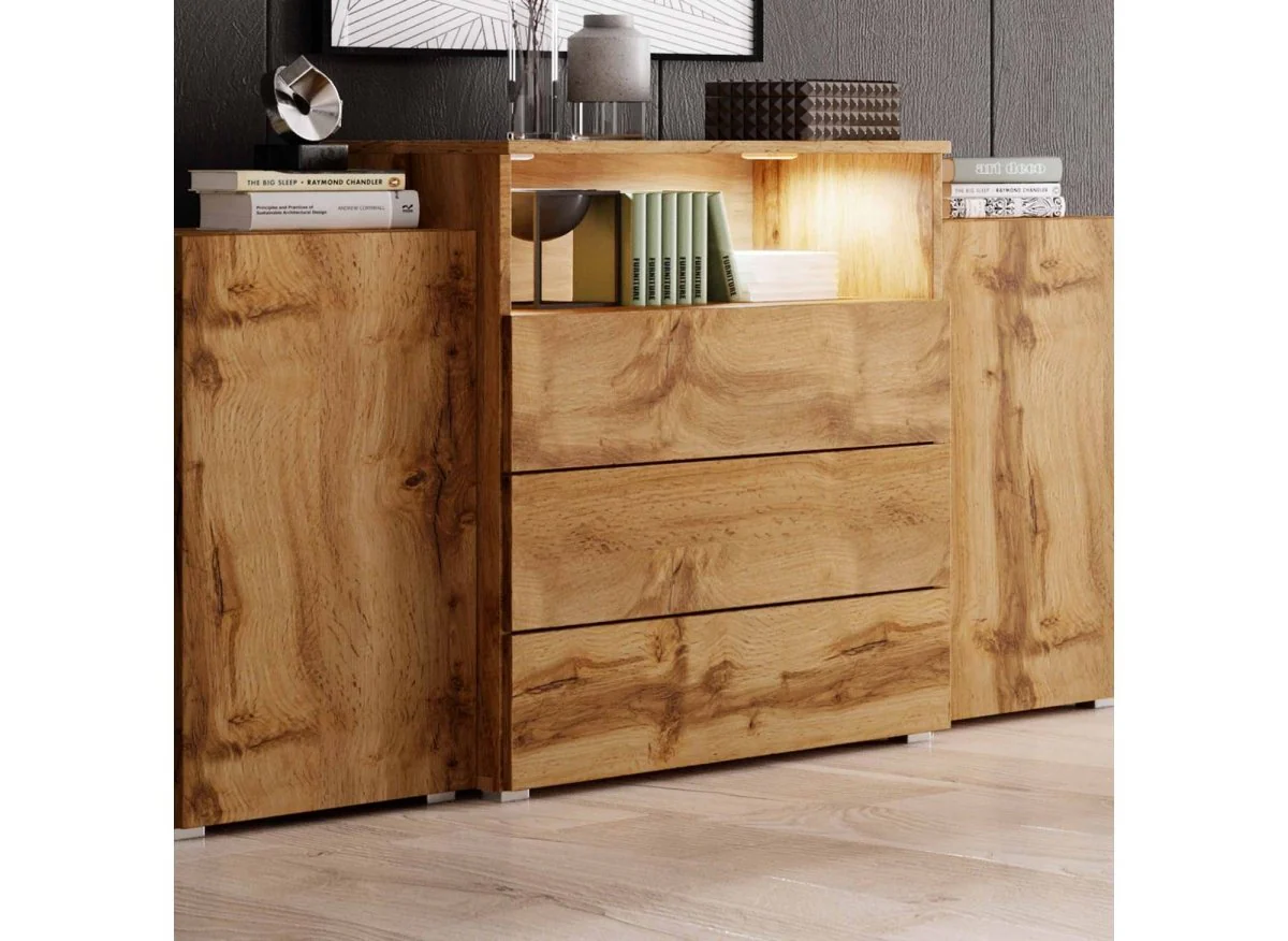 Buffet commodes 2 portes 3 tiroirs chêne avec LED - MARCEL - Image 3