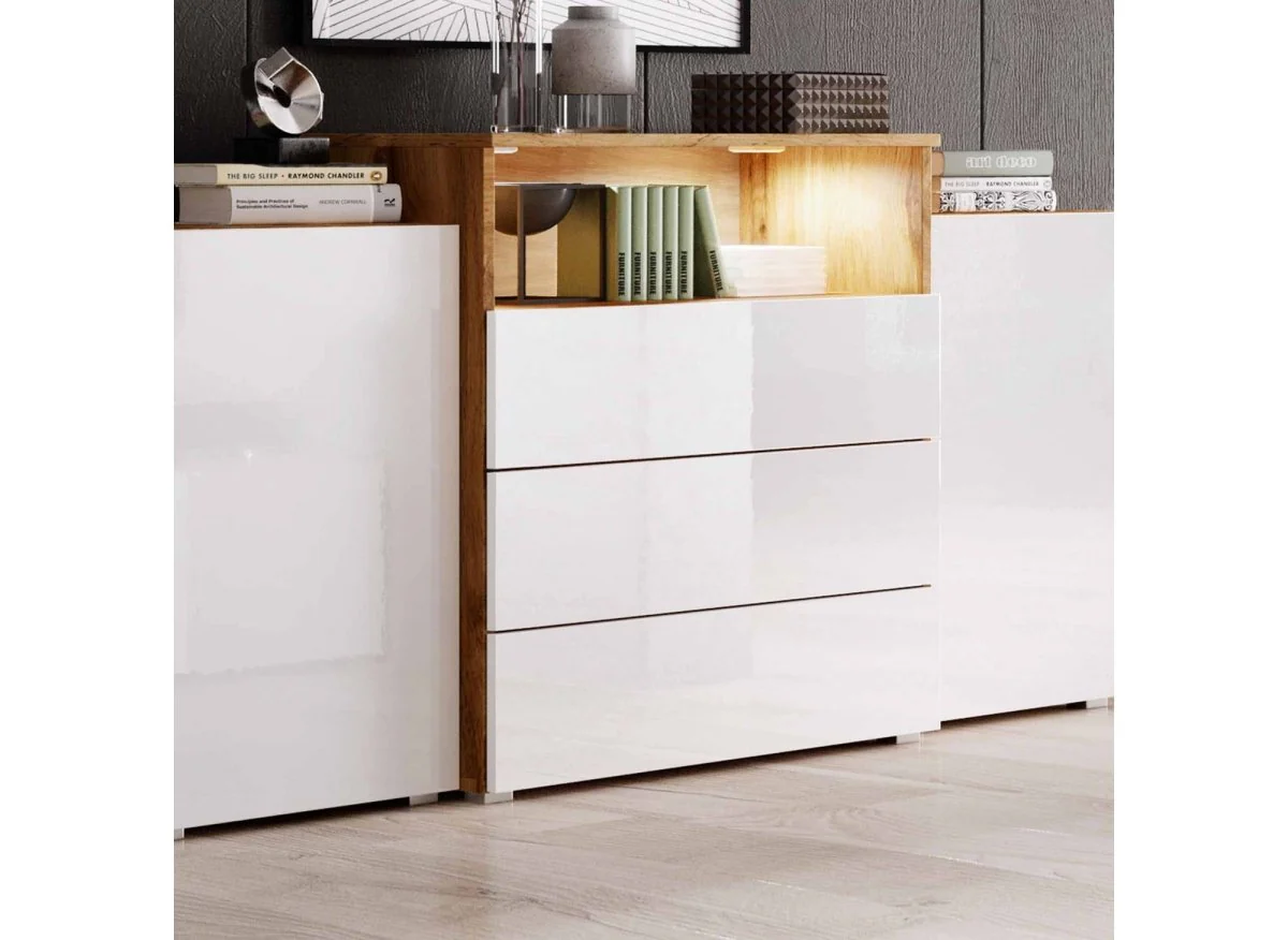 Buffet commodes 2 portes 3 tiroirs chêne et blanc avec LED - MARCEL - Image 3