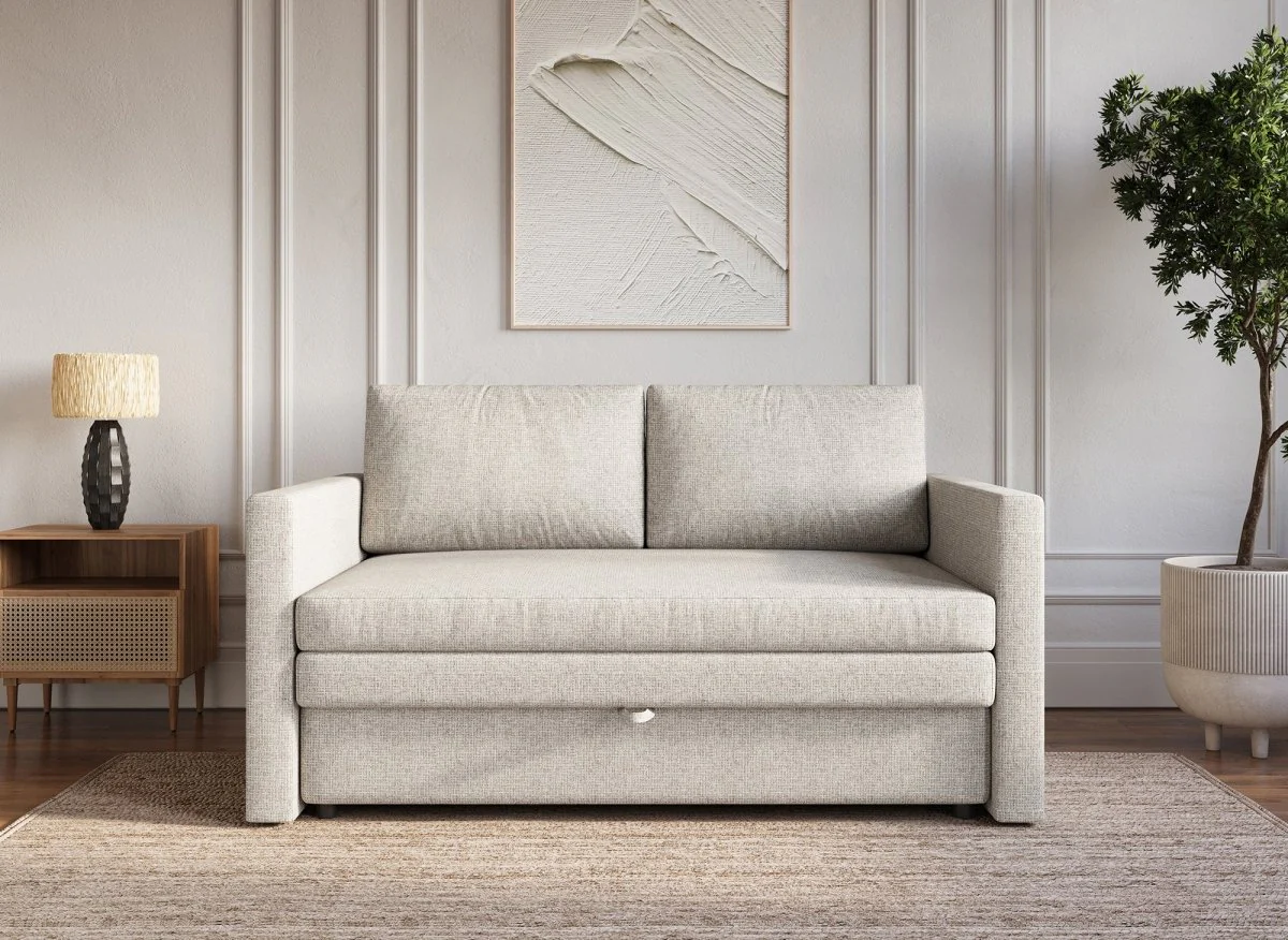 Canapé convertible 2 places avec coffre de rangement en tissu beige YERAZ - Image 3