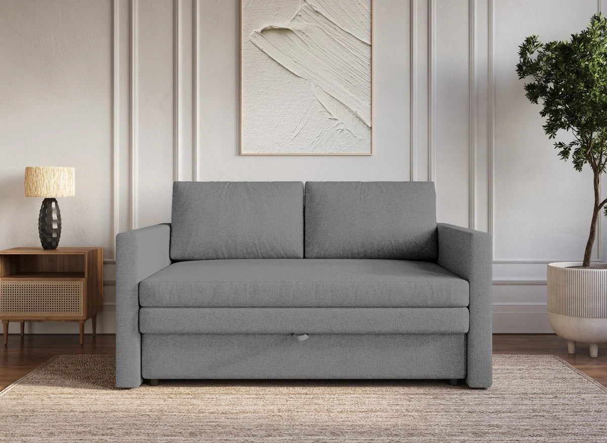 Canapé convertible 2 places avec coffre de rangement en tissu gris YERAZ - Image 3