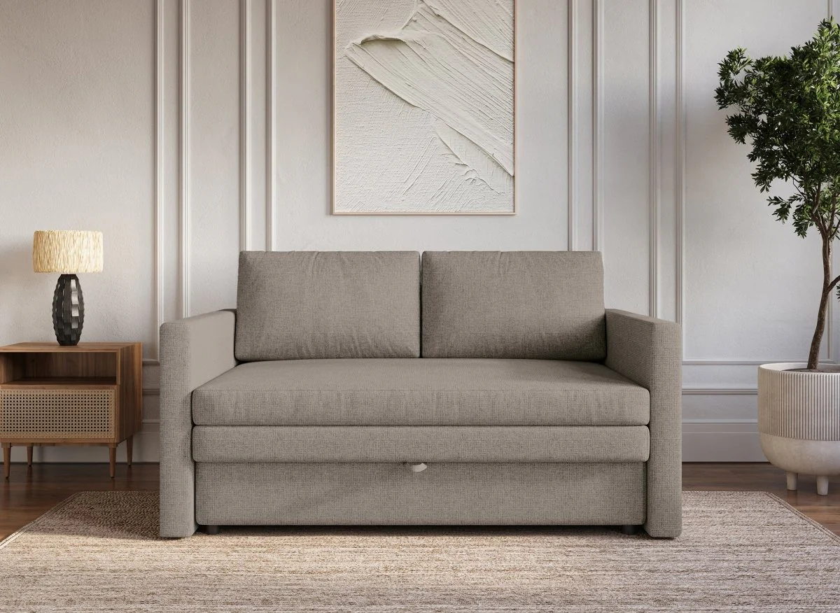 Canapé convertible 2 places avec coffre de rangement en tissu taupe YERAZ - Image 3