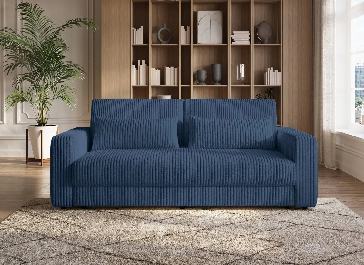 Canapé convertible 3 places avec coffre en velours côtelé épais bleu ZURIA - Image 3