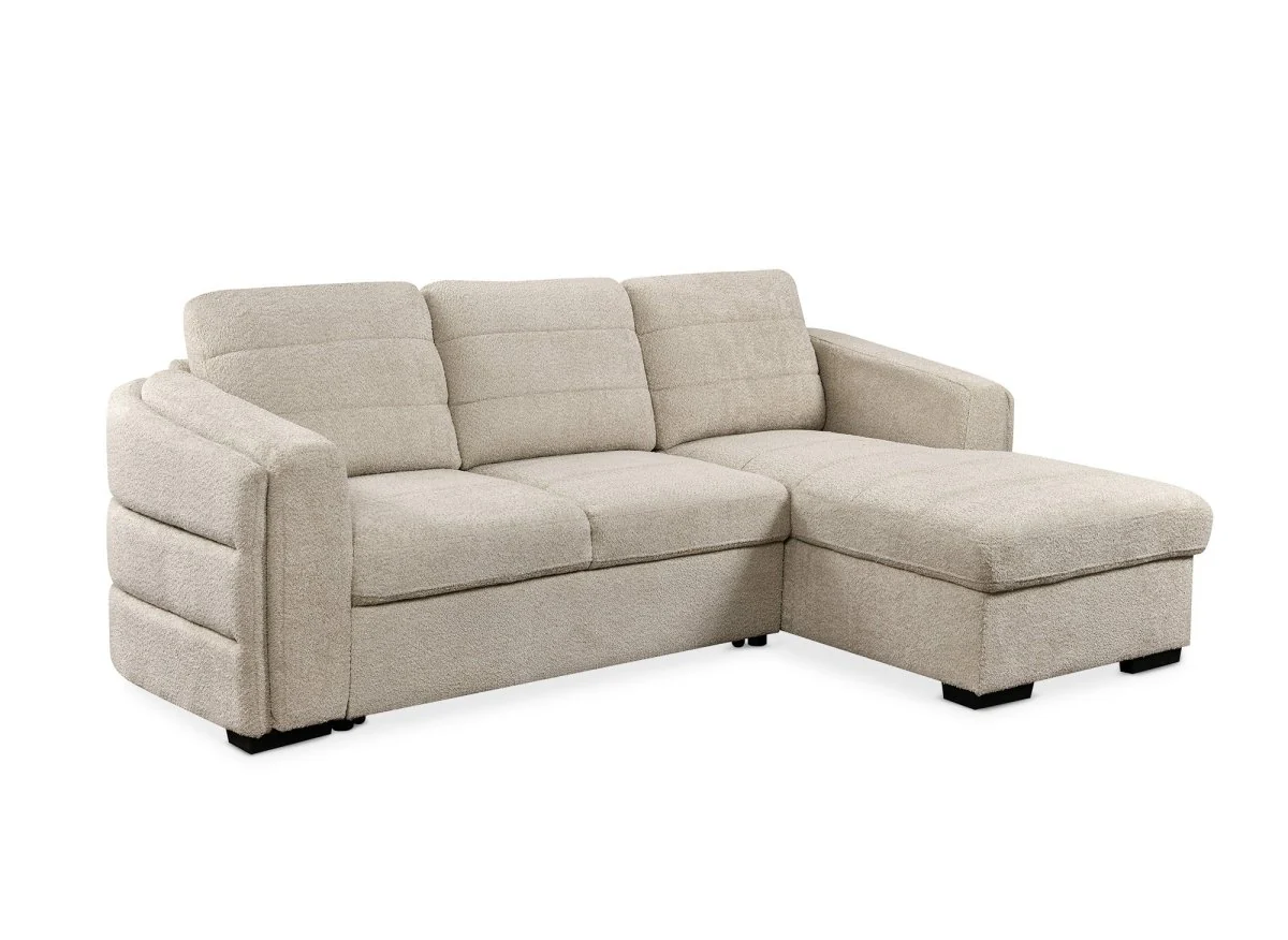 Canapé d'angle convertible avec coffre en tissu bouclette beige CALANDRA - Angle droit - Image 3