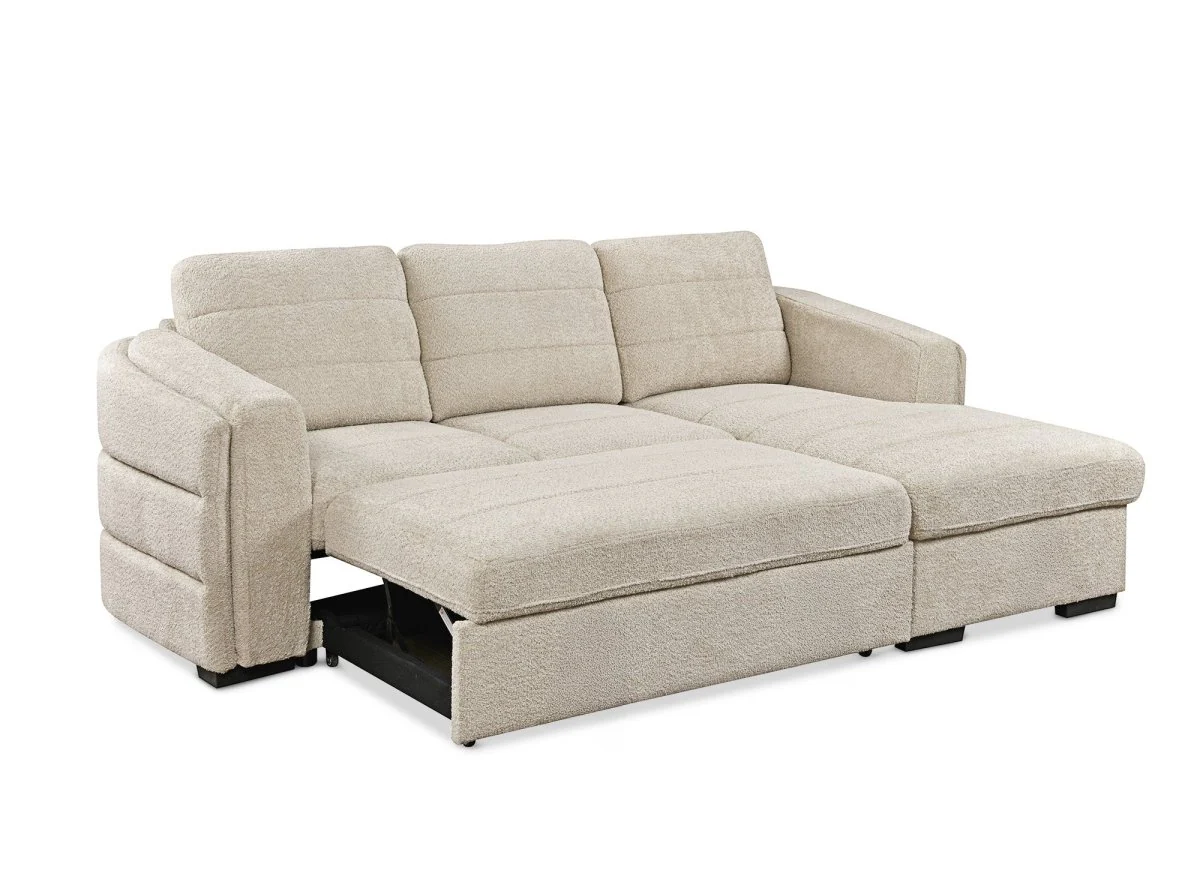 Canapé d'angle convertible avec coffre en tissu bouclette beige CALANDRA - Angle droit - Image 4