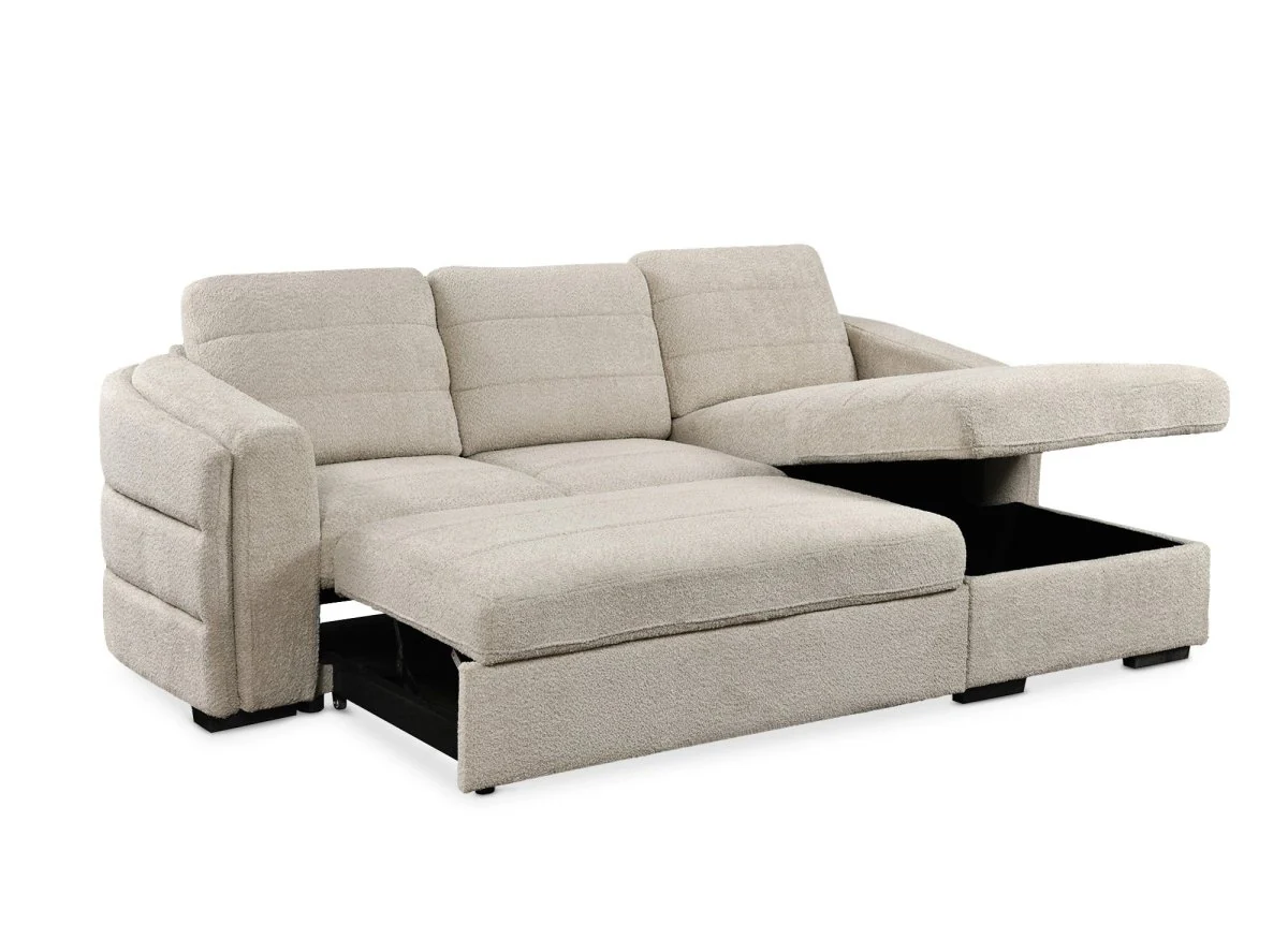 Canapé d'angle convertible avec coffre en tissu bouclette beige CALANDRA - Angle droit - Image 5