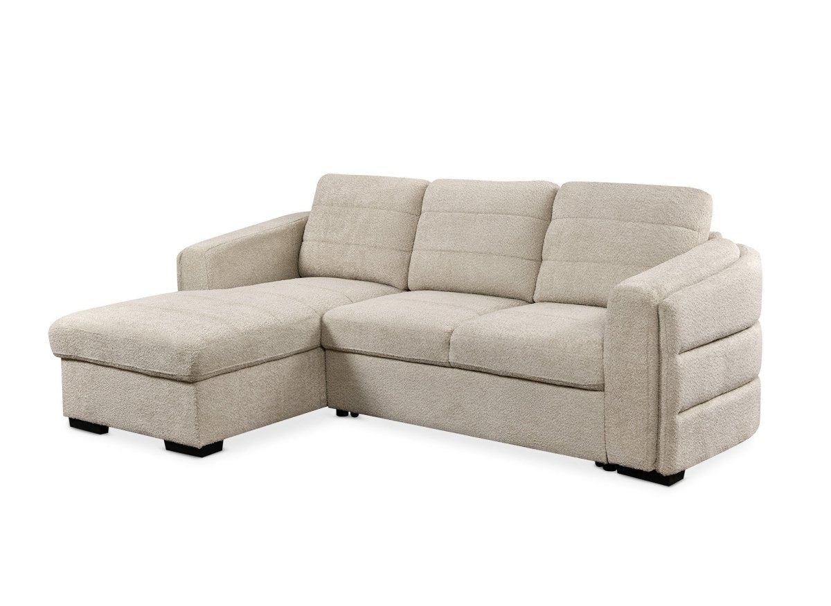 Canapé d'angle convertible avec coffre en tissu bouclette beige CALANDRA - Angle gauche - Image 3