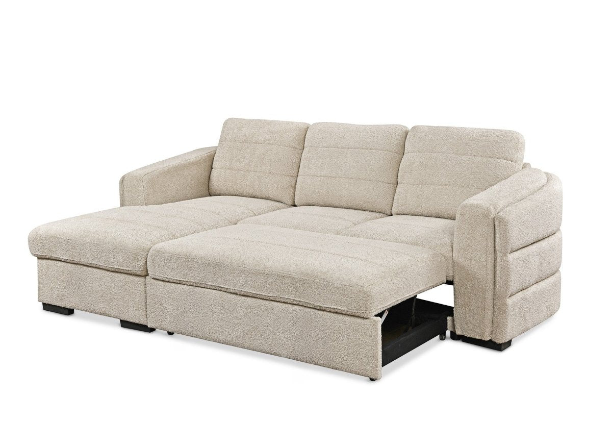 Canapé d'angle convertible avec coffre en tissu bouclette beige CALANDRA - Angle gauche - Image 4