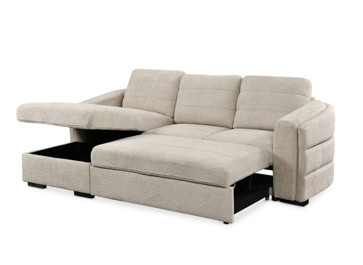 Canapé d'angle convertible avec coffre en tissu bouclette beige CALANDRA - Angle gauche - Image 5