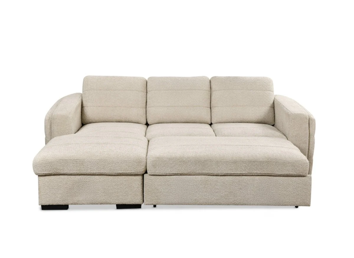 Canapé d'angle convertible avec coffre en tissu bouclette beige CALANDRA - Angle gauche - Image 7