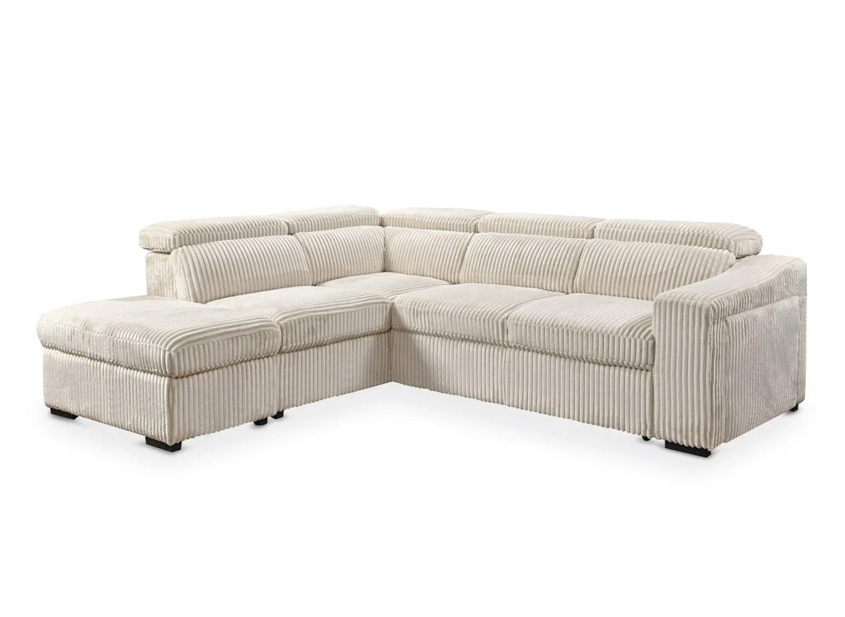 Canapé d'angle convertible avec coffre en velours beige côtelé MARTY - Angle gauche - Image 5