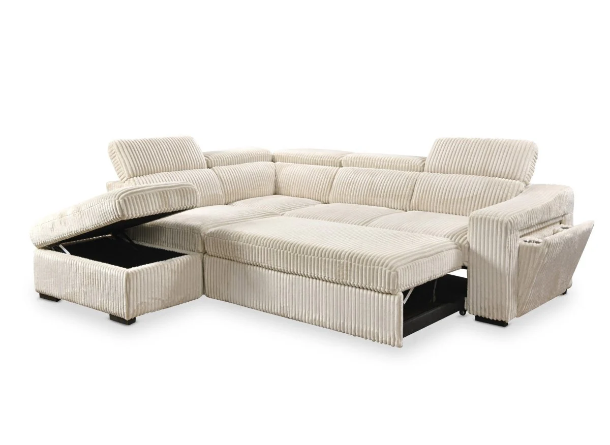Canapé d'angle convertible avec coffre en velours beige côtelé MARTY - Angle gauche - Image 6