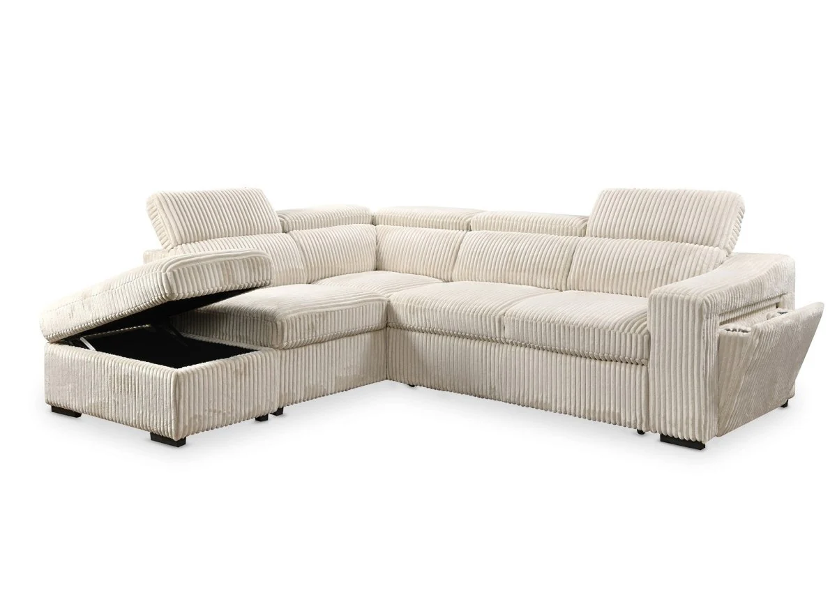 Canapé d'angle convertible avec coffre en velours beige côtelé MARTY - Angle gauche - Image 7