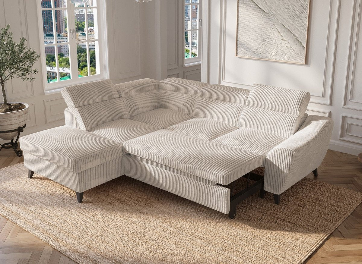 Canapé d'angle convertible avec coffre en velours côtelé épais beige DALTON - Angle gauche - Image 3