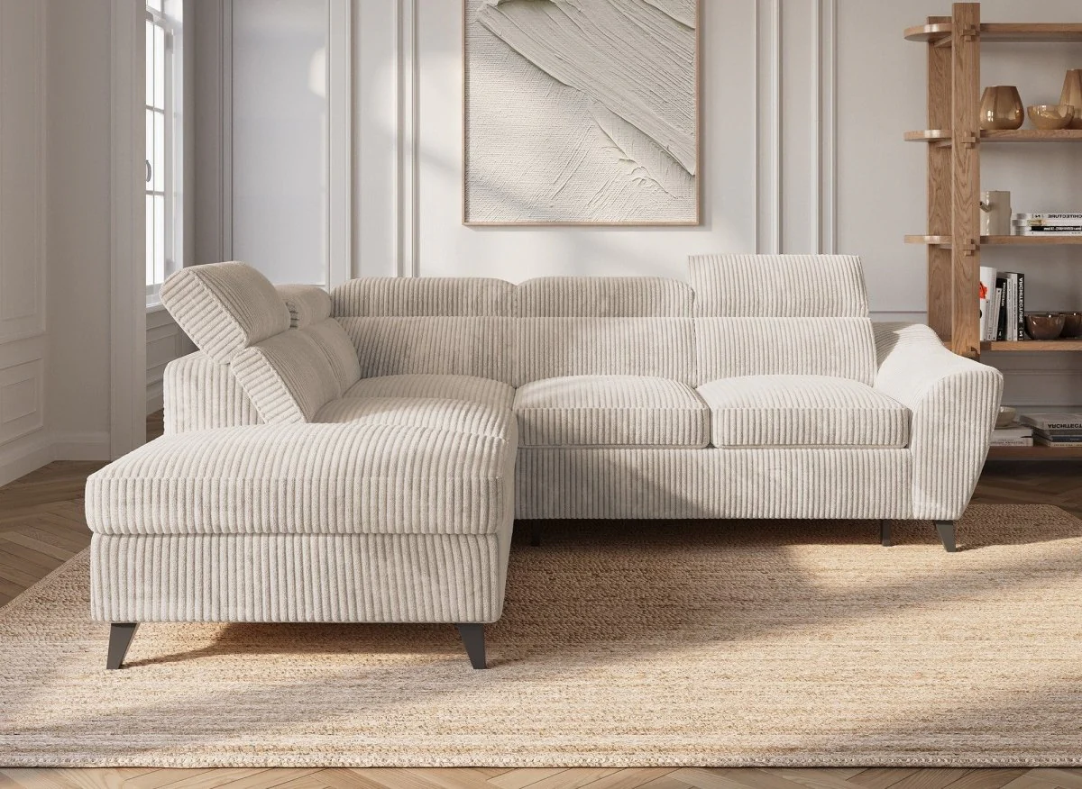 Canapé d'angle convertible avec coffre en velours côtelé épais beige DALTON - Angle gauche - Image 4