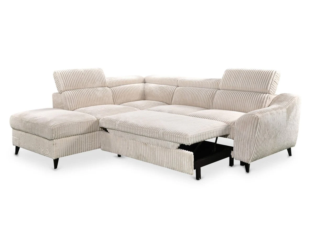 Canapé d'angle convertible avec coffre en velours côtelé épais beige DALTON - Angle gauche - Image 6