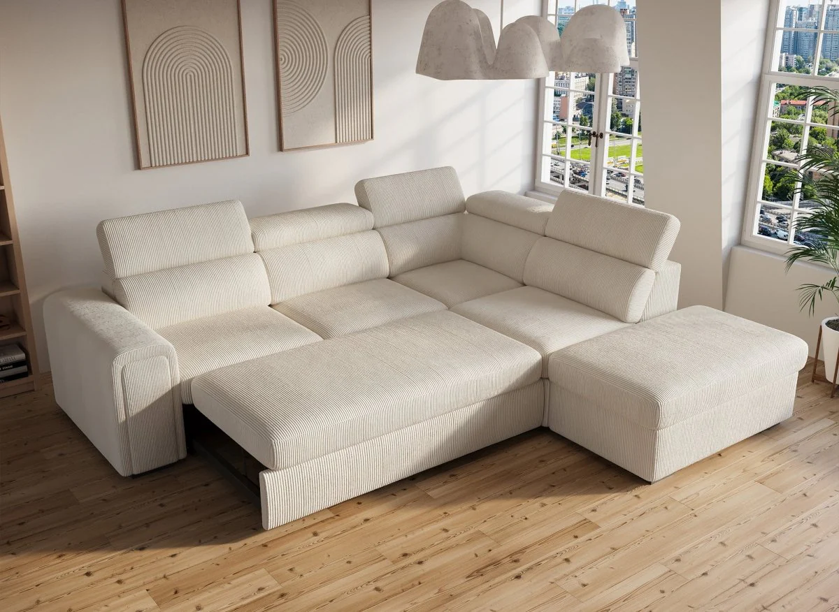 Canapé d'angle convertible avec coffre en velours côtelé épais beige ZENOVA - Angle droit - Image 3