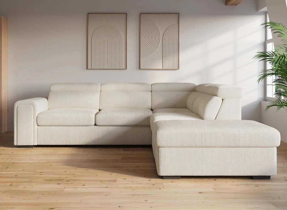 Canapé d'angle convertible avec coffre en velours côtelé épais beige ZENOVA - Angle droit - Image 4