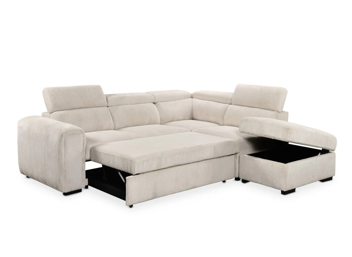 Canapé d'angle convertible avec coffre en velours côtelé épais beige ZENOVA - Angle droit - Image 6