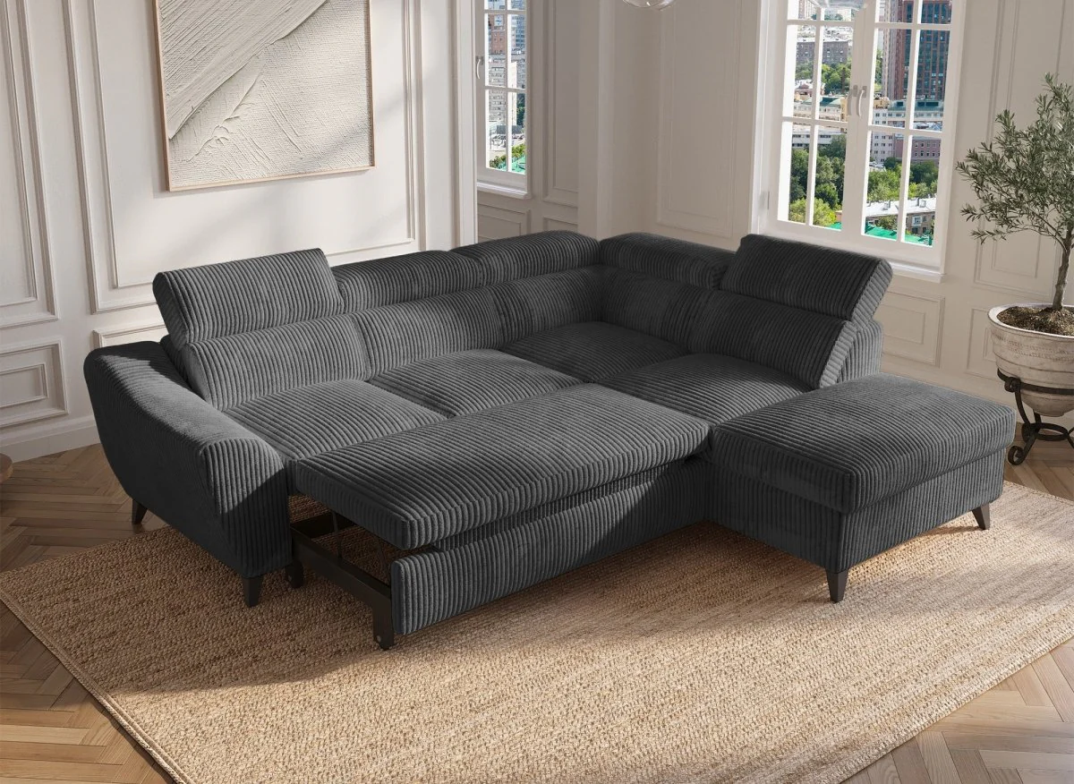 Canapé d'angle convertible avec coffre en velours côtelé épais gris DALTON - Angle droit - Image 3