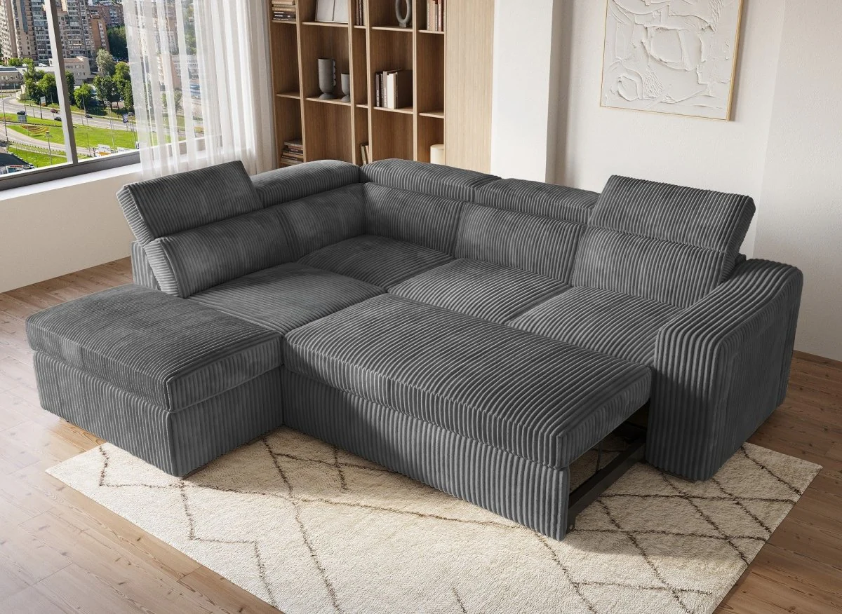 Canapé d'angle convertible avec coffre en velours côtelé gris MARTY - Angle gauche - Image 3