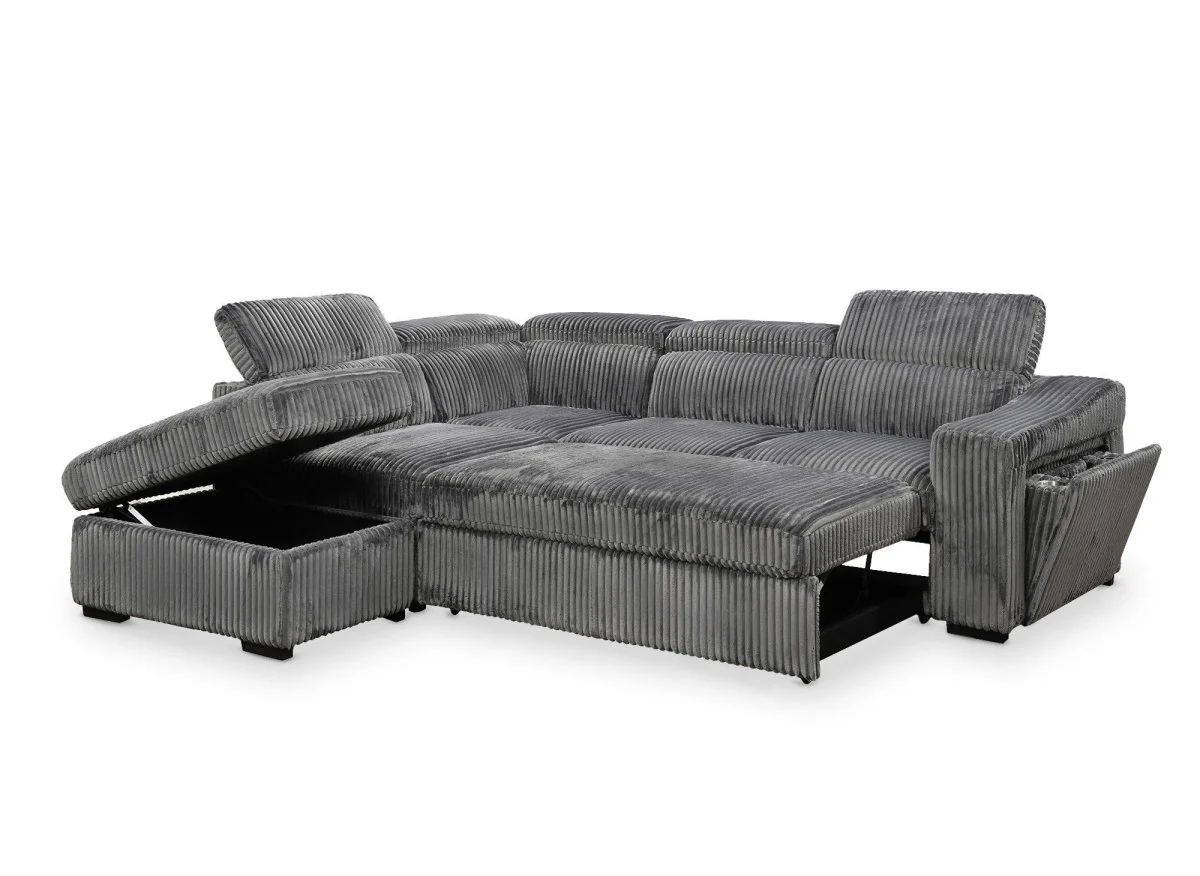 Canapé d'angle convertible avec coffre en velours côtelé gris MARTY - Angle gauche - Image 6