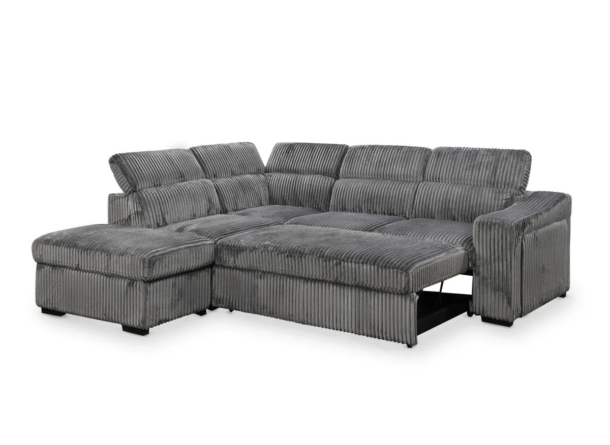 Canapé d'angle convertible avec coffre en velours côtelé gris MARTY - Angle gauche - Image 8