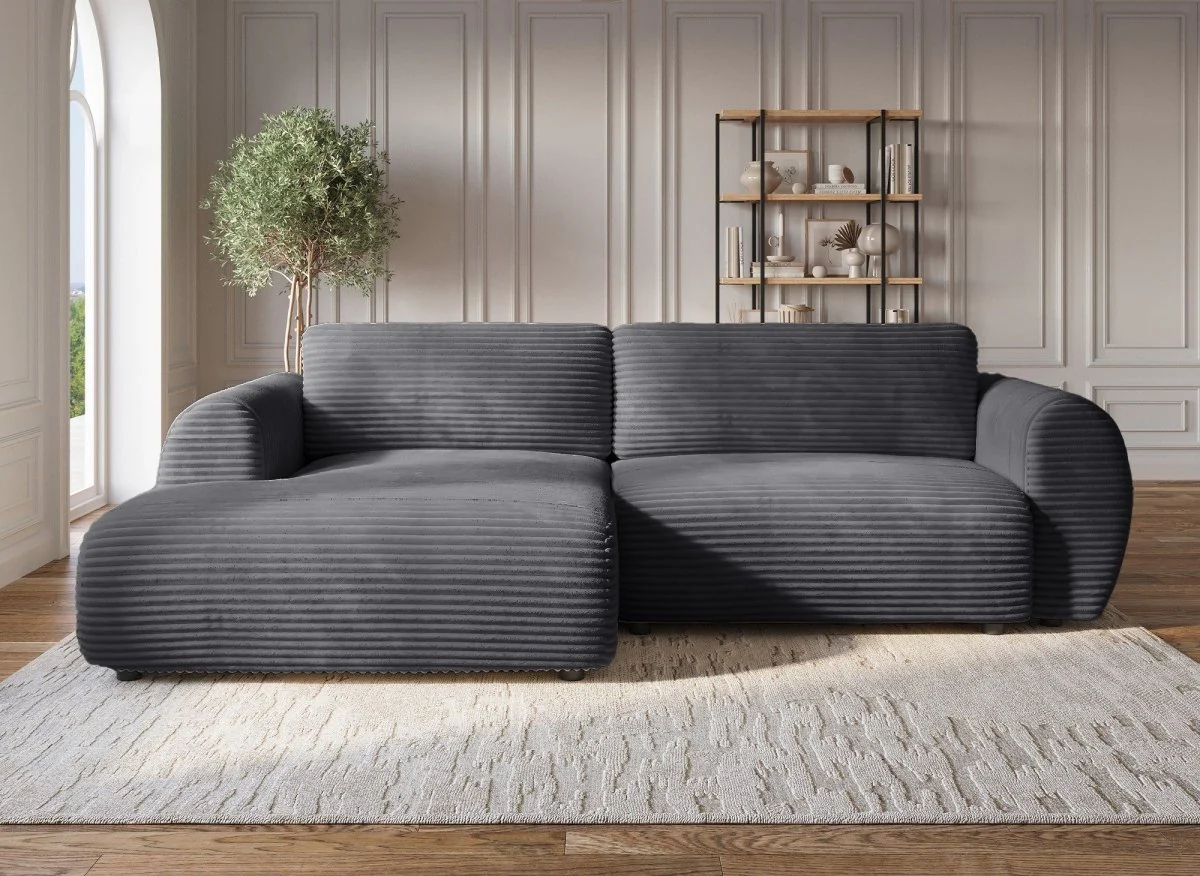 Canapé d'angle convertible avec coffre en velours gros côtelé doux gris TILDA - Angle gauche - Image 3