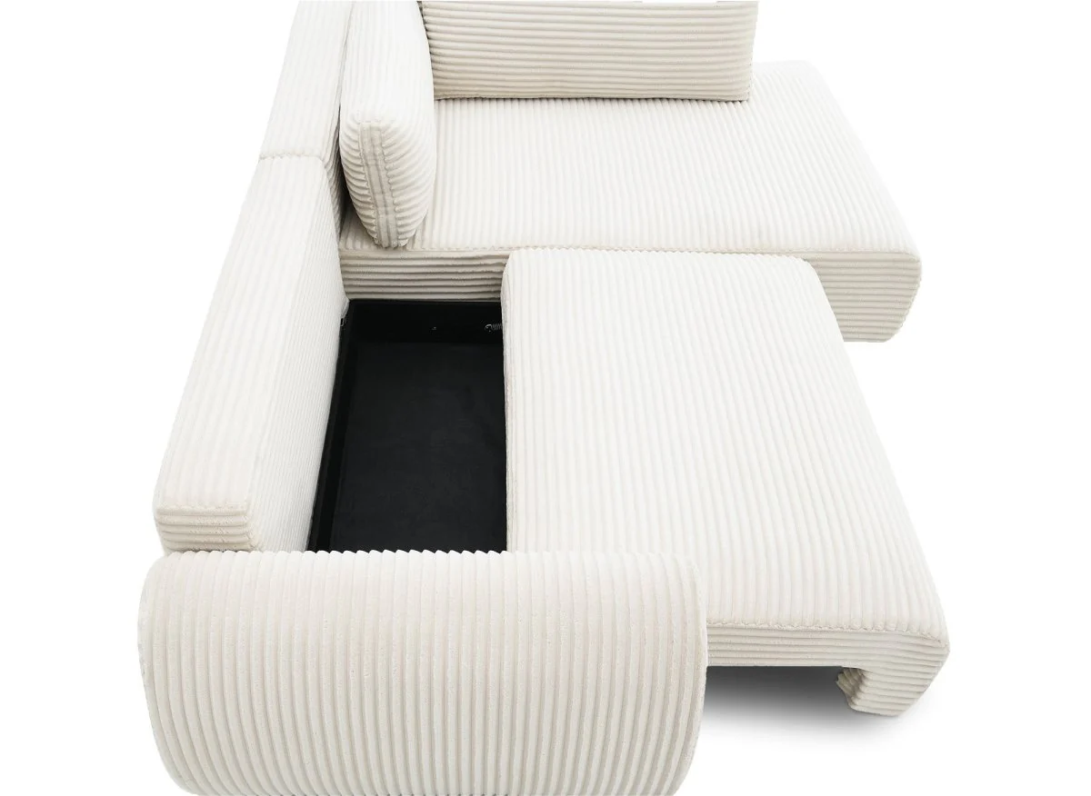 Canapé d'angle convertible avec méridienne et coffre en gros côtelé doux beige TILDA - Angle droit - Image 9