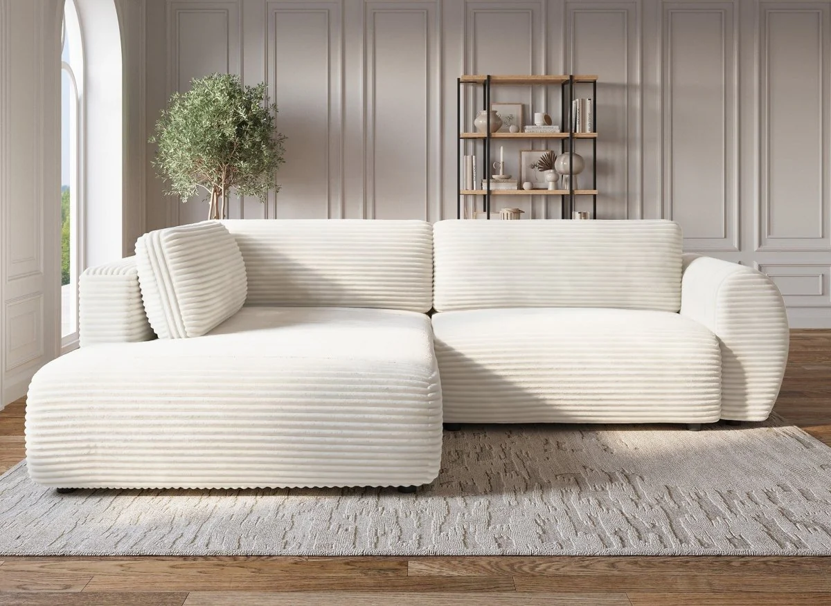 Canapé d'angle convertible avec méridienne et coffre en gros côtelé doux beige TILDA - Angle gauche - Image 3