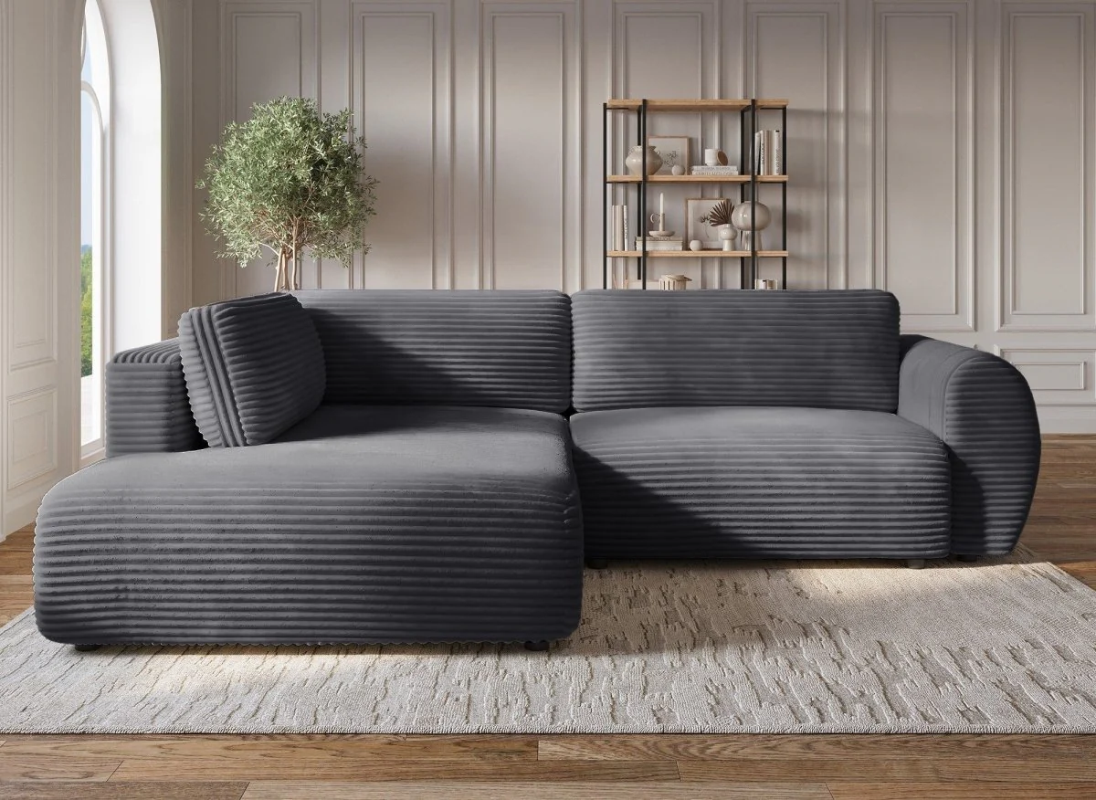 Canapé d'angle convertible avec méridienne et coffre en gros côtelé doux gris TILDA - Angle gauche - Image 3