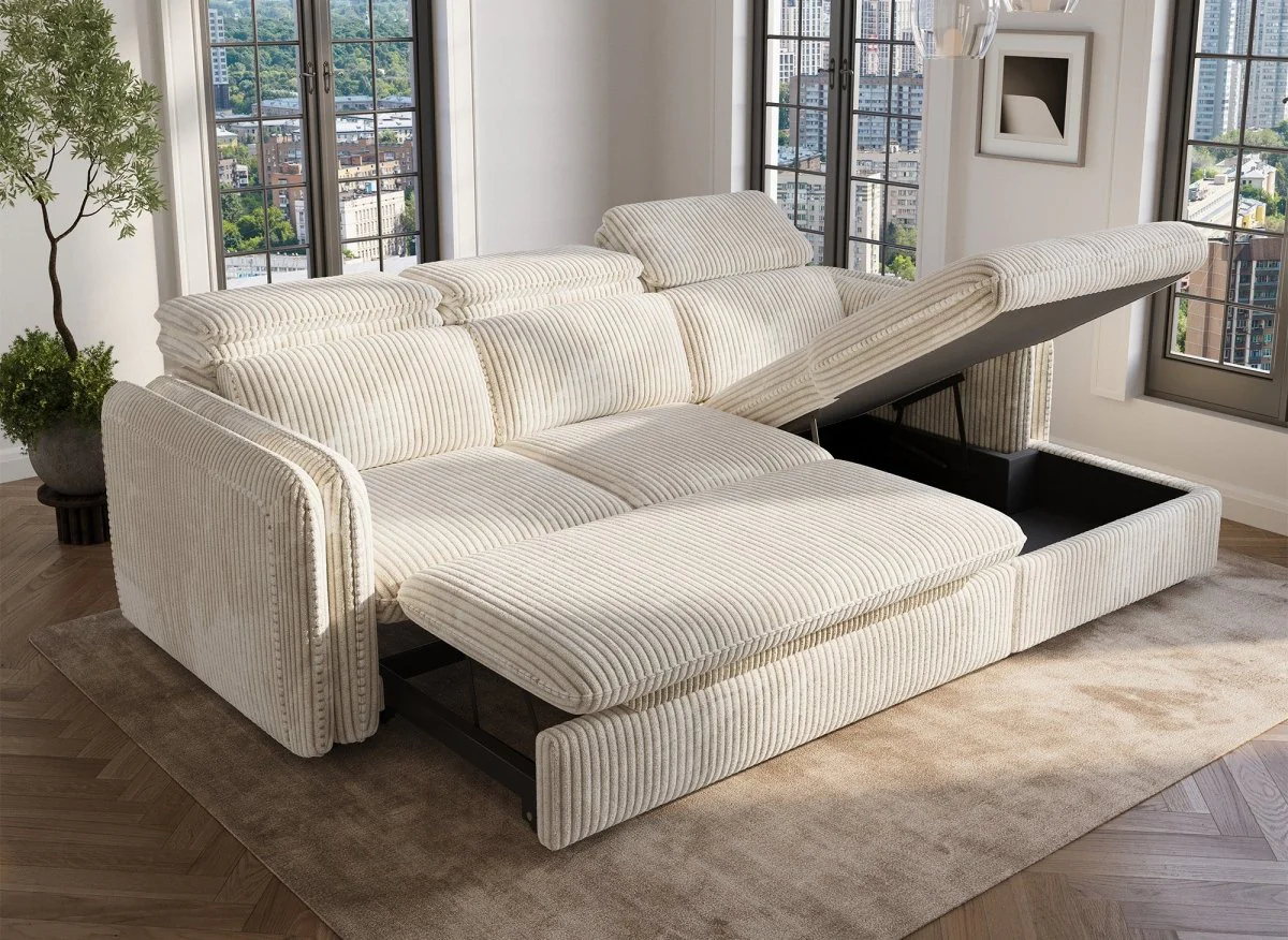 Canapé d'angle convertible en velours côtelé épais beige ISABELLA - Angle droit - Image 3