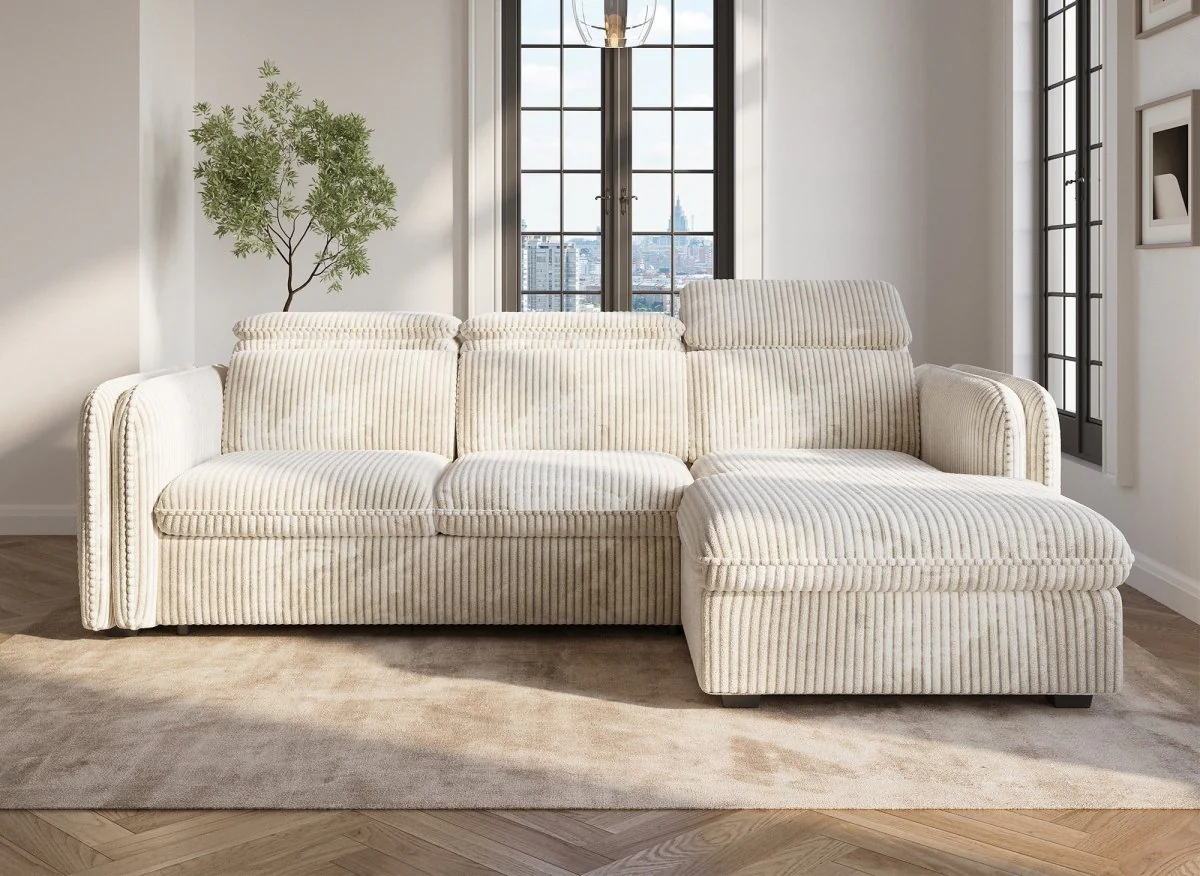 Canapé d'angle convertible en velours côtelé épais beige ISABELLA - Angle droit - Image 4