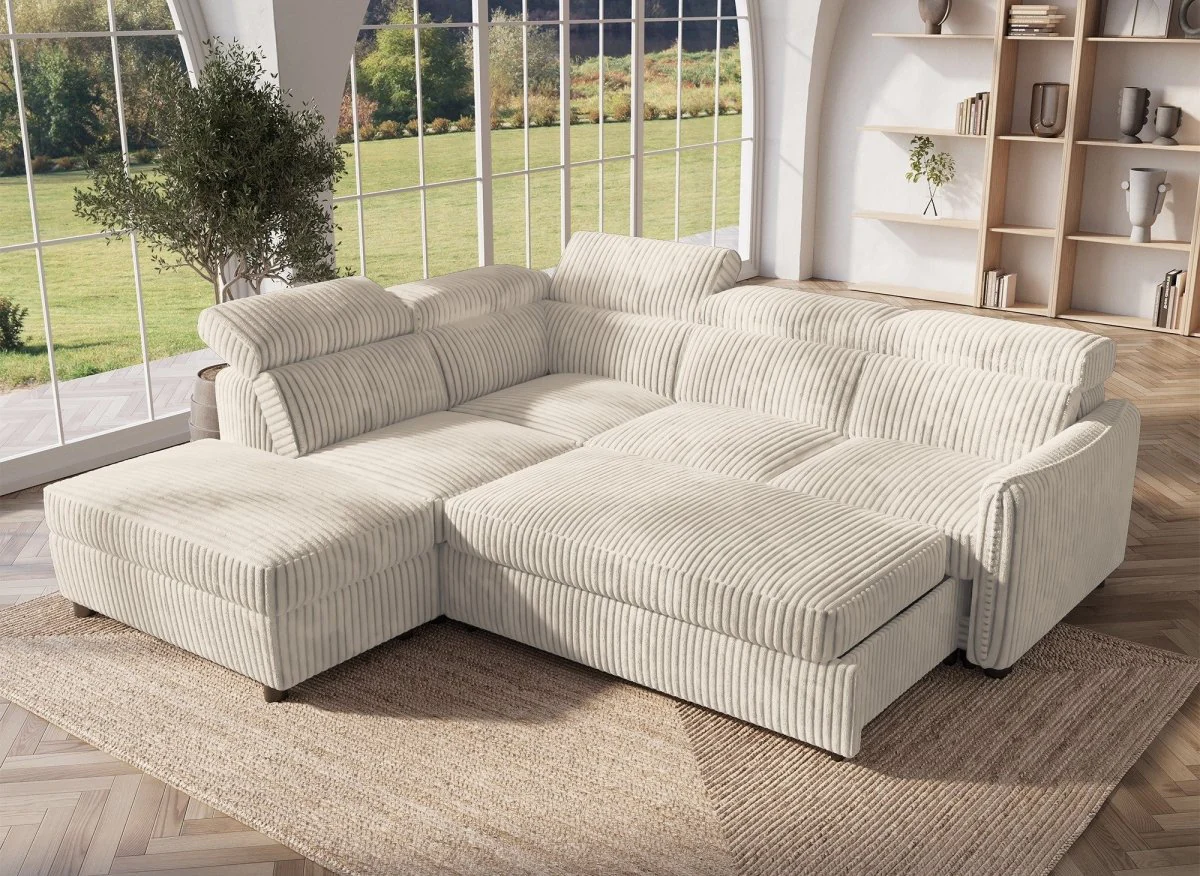 Canapé d'angle convertible en velours côtelé épais beige NAIROBI - Angle gauche - Image 3