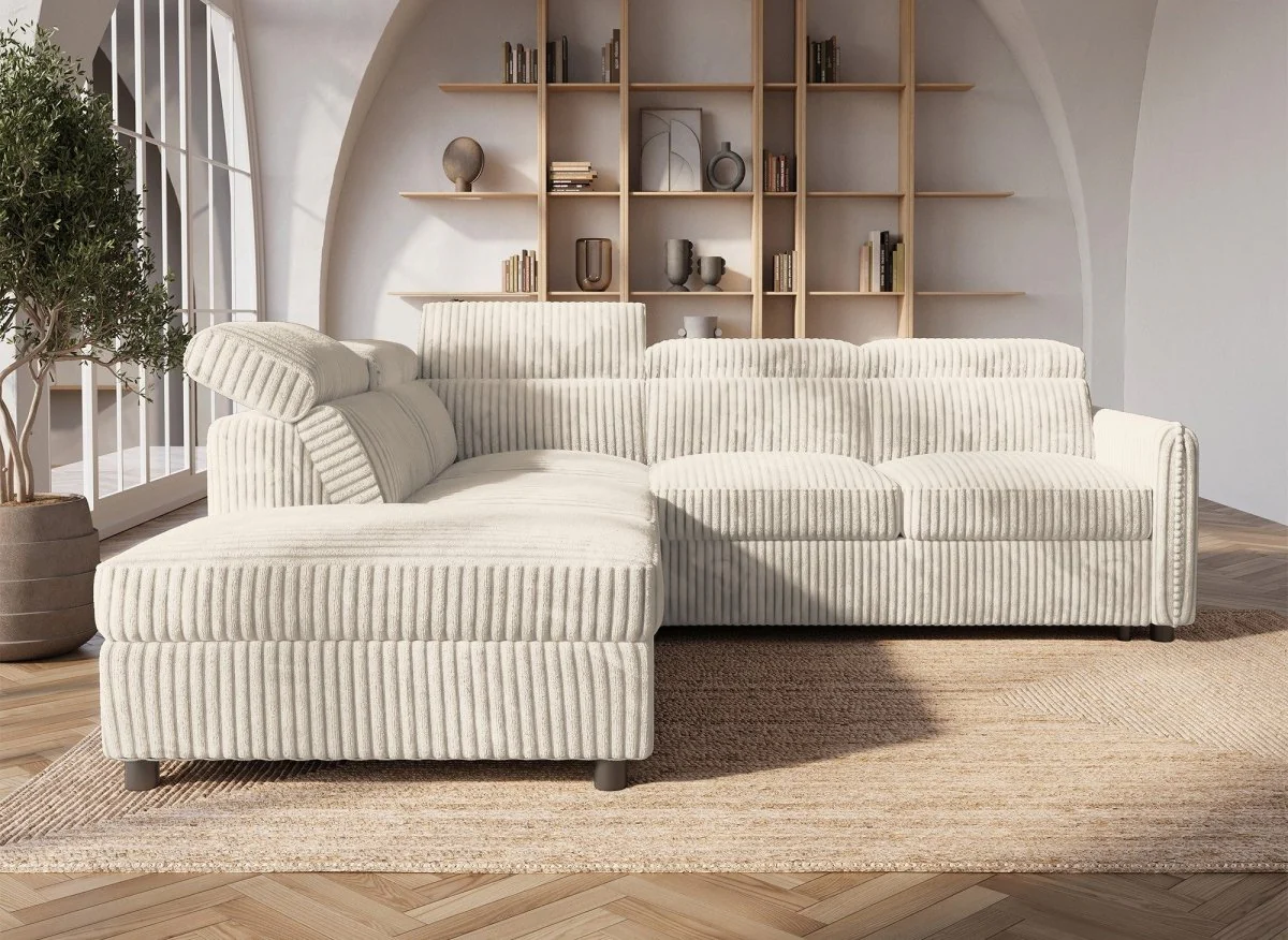 Canapé d'angle convertible en velours côtelé épais beige NAIROBI - Angle gauche - Image 4