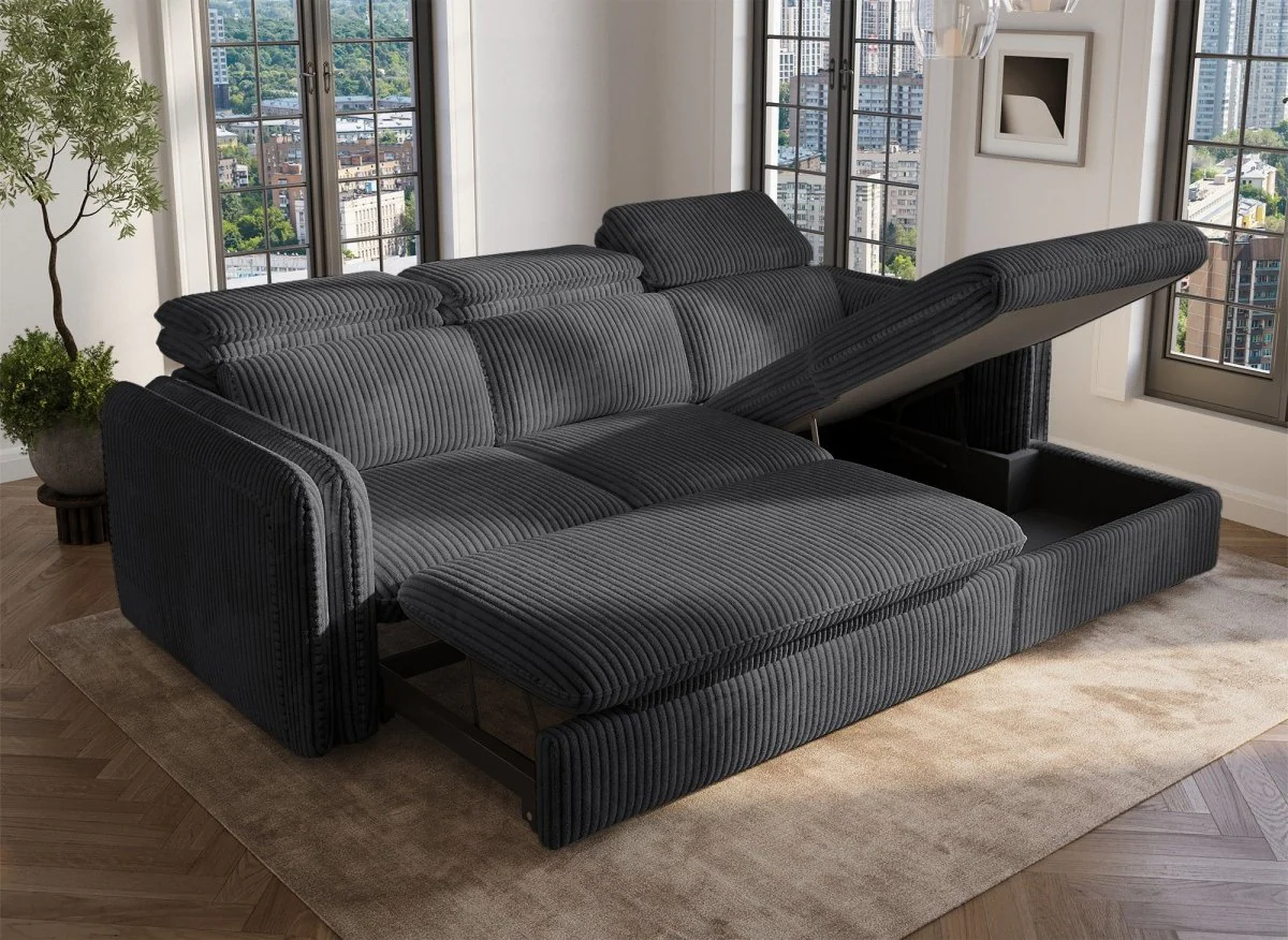Canapé d'angle convertible en velours côtelé épais gris ISABELLA - Angle droit - Image 3