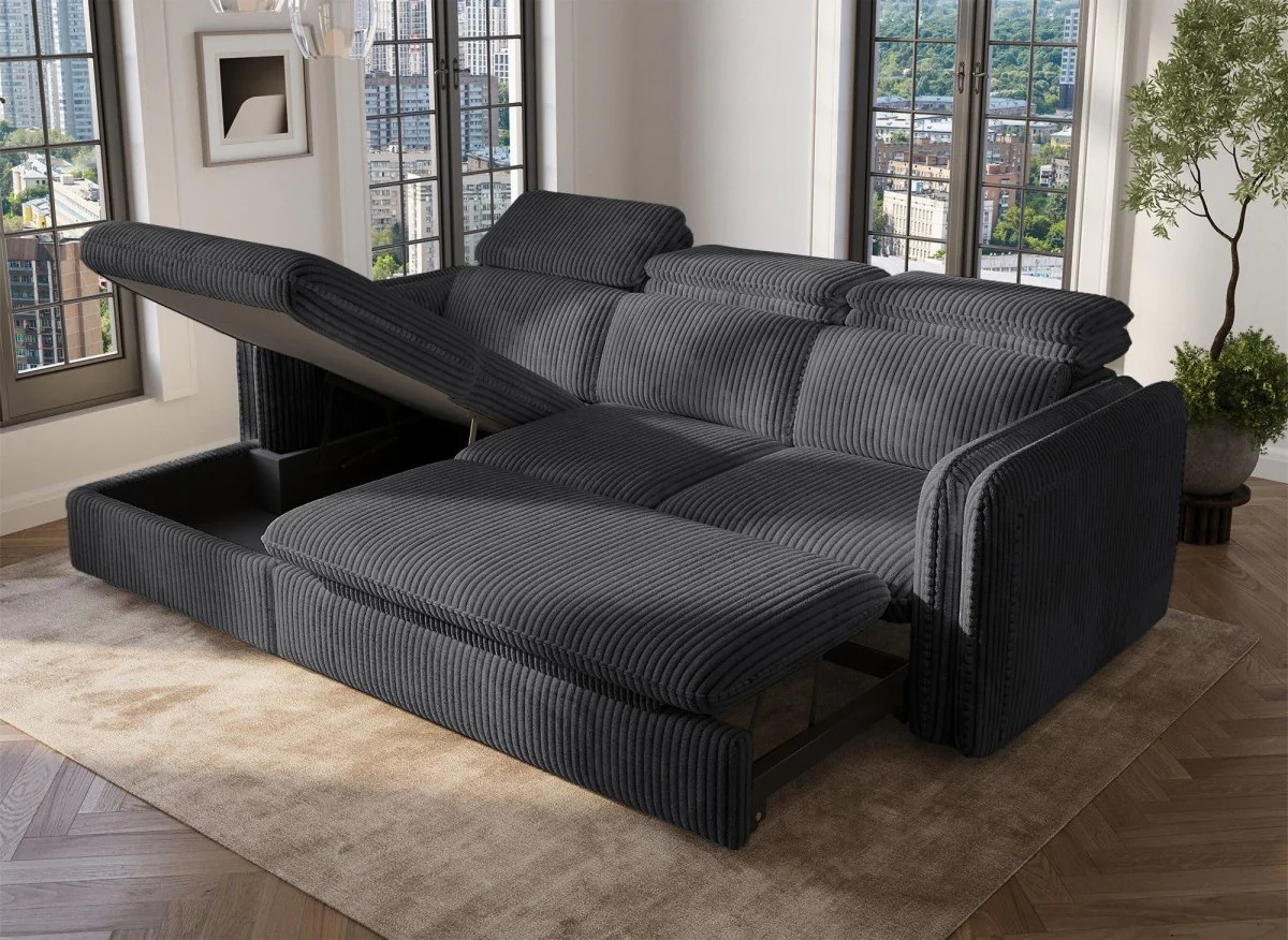 Canapé d'angle convertible en velours côtelé épais gris ISABELLA - Angle gauche - Image 3