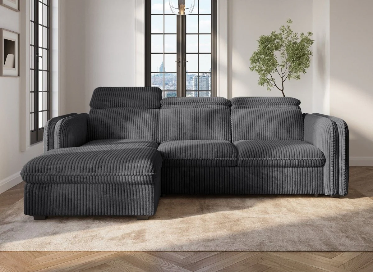 Canapé d'angle convertible en velours côtelé épais gris ISABELLA - Angle gauche - Image 5