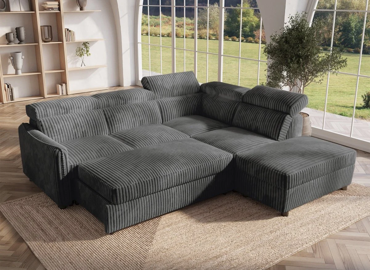 Canapé d'angle convertible en velours côtelé épais gris NAIROBI - Angle droit - Image 3