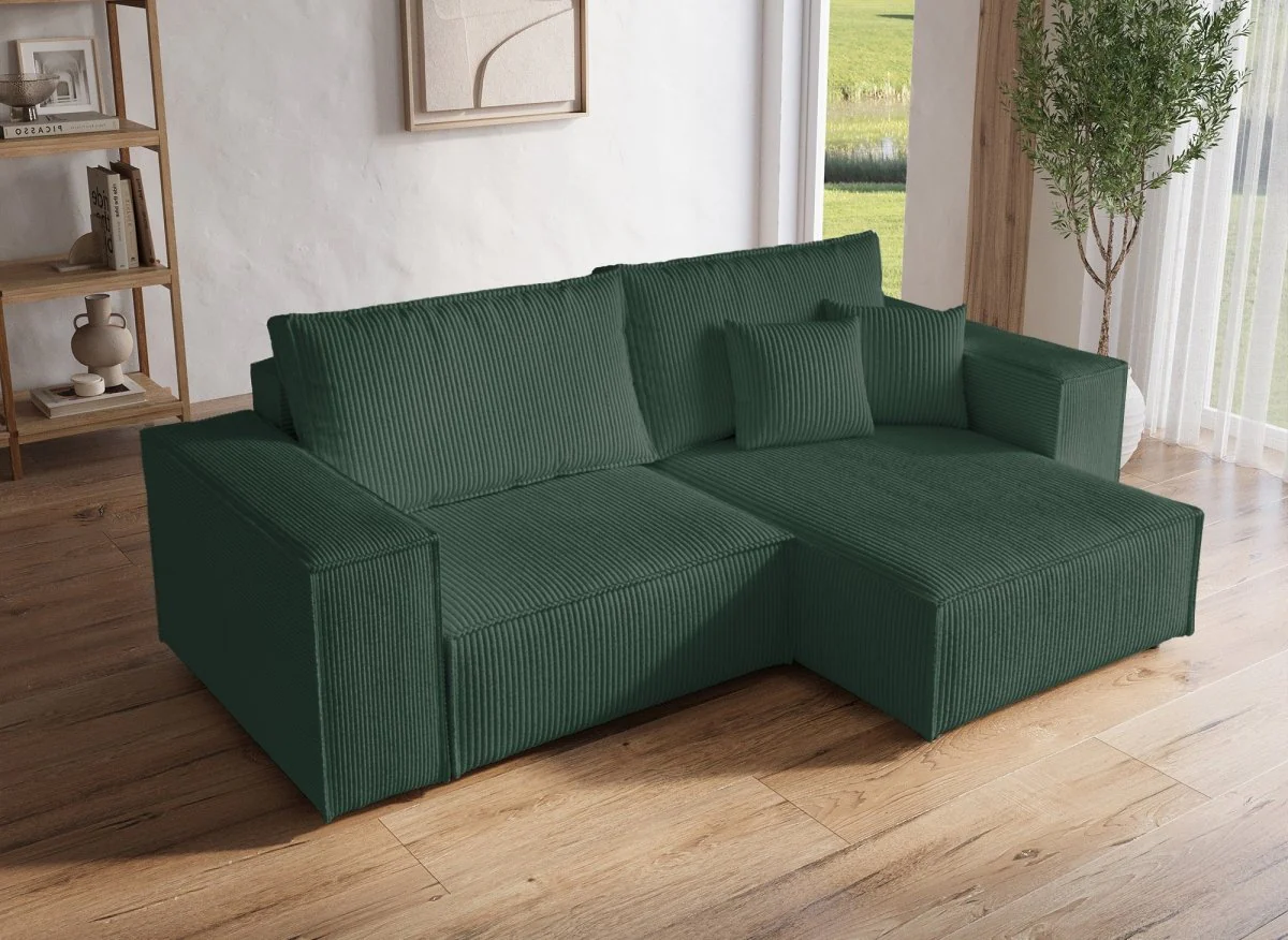 Canapé d'angle convertible et réversible avec coffre en velours côtelé vert JADE MINI - Image 5