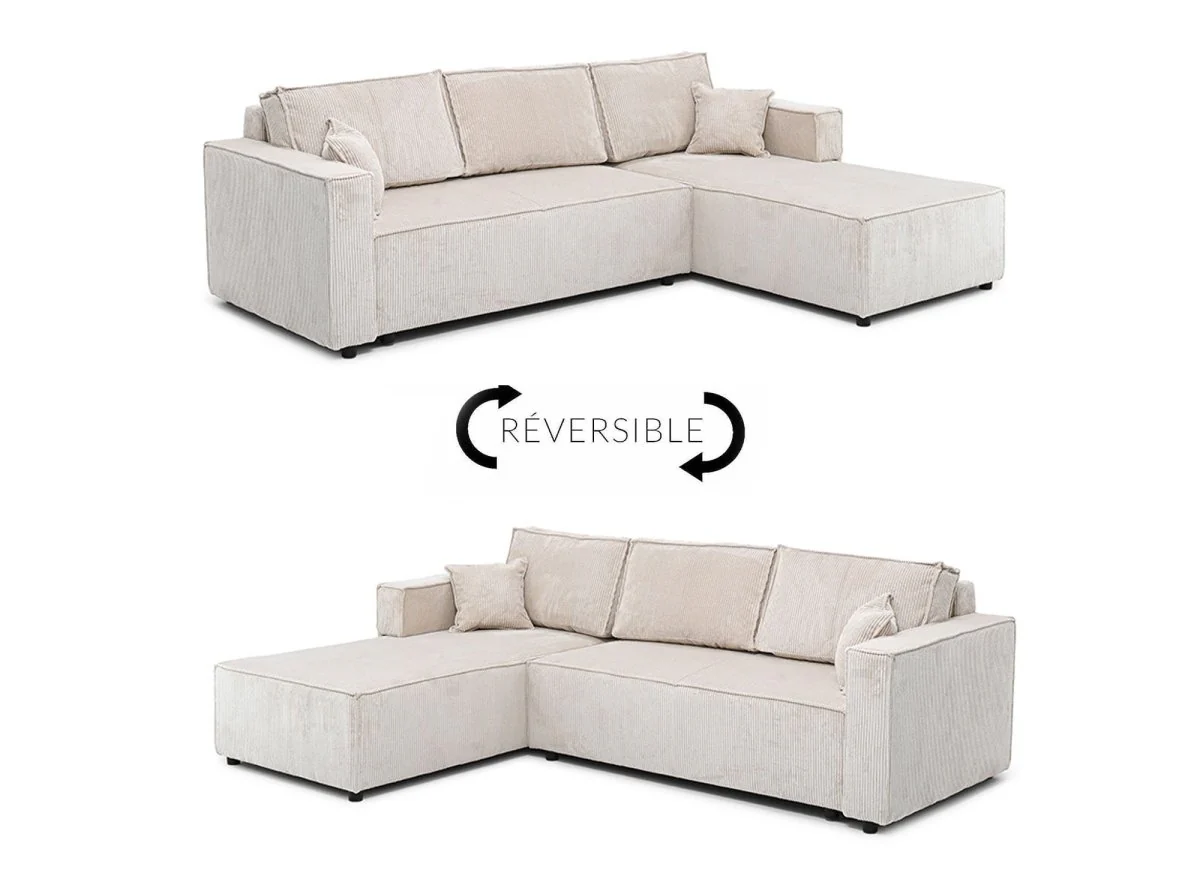 Canapé d'angle convertible réversible avec coffre en velours côtelé beige SYNA - Image 10