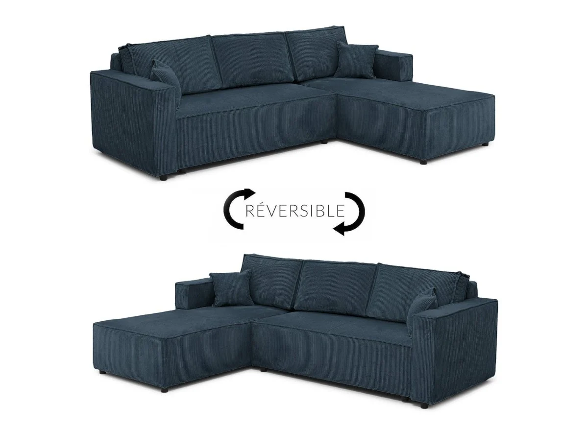 Canapé d'angle convertible réversible avec coffre en velours côtelé bleu SYNA - Image 9