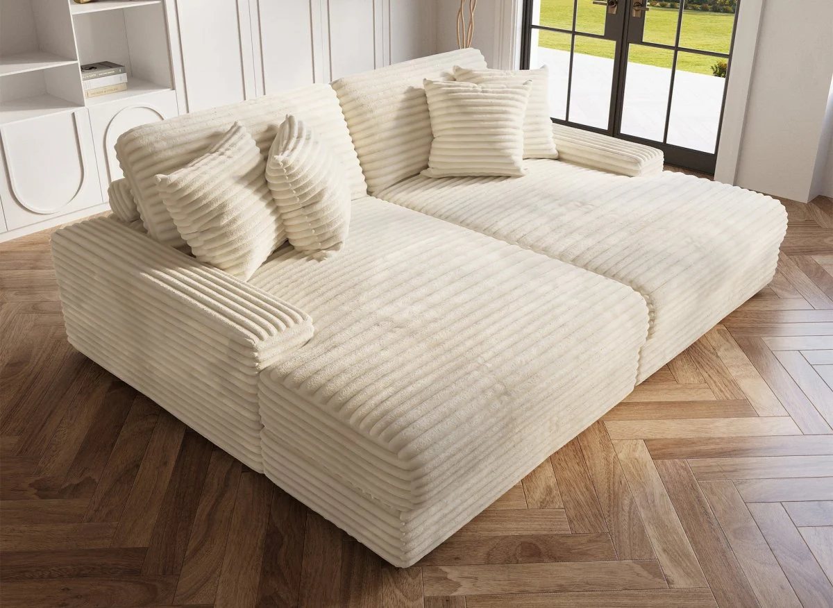 Canapé droit méridienne 2 places en gros côtelé doux beige DAHO - Image 3