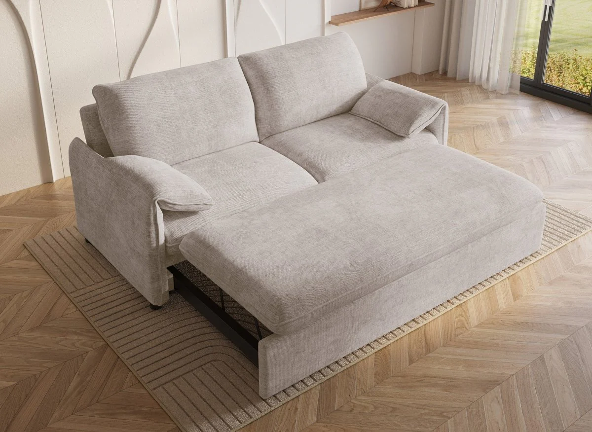 Canapé droit convertible 3 places en velours chiné beige LAMAR - Image 3