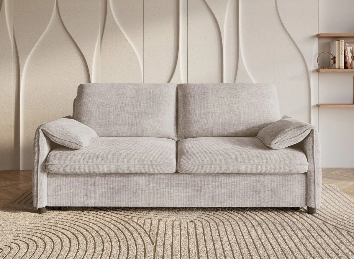 Canapé droit convertible 3 places en velours chiné beige LAMAR - Image 4